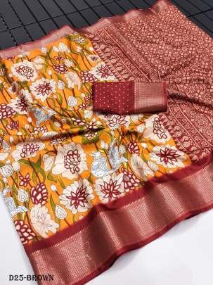 Beautiful Kalamkari Dola Silk Brown Saree with Zari Border
