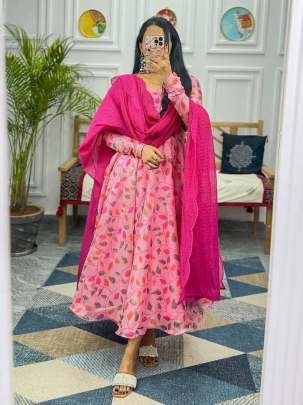 Beautiful Kota Chex Pink Floral Dress and Dupptta