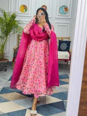 Beautiful Kota Chex Pink Floral Dress and Dupptta