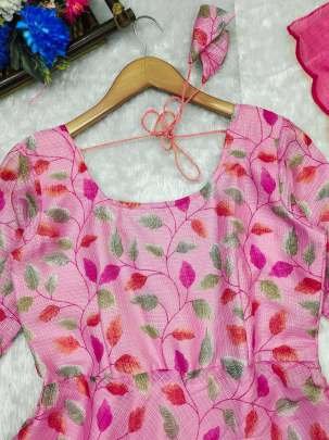 Beautiful Kota Chex Pink Floral Dress and Dupptta