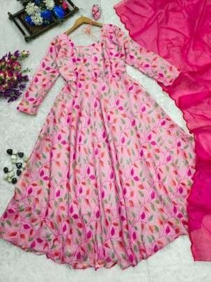 Beautiful Kota Chex Pink Floral Dress and Dupptta