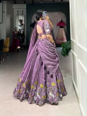 Beautiful Lavender Wedding Embroidery Vichitra Lehenga Choli