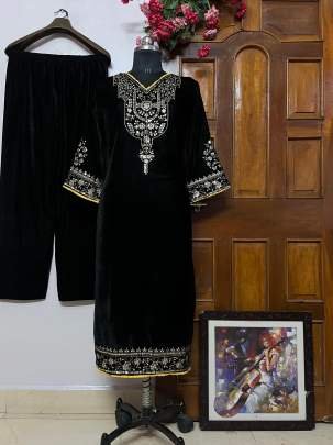Beautiful Look of Black Velvet Cord Set With Sequins Work