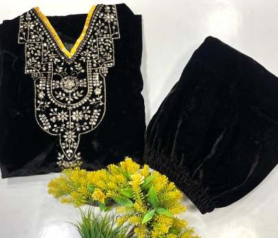 Beautiful Look of Black Velvet Cord Set With Sequins Work