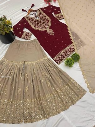 Beautiful Maroon Sharara Suit With Sequence Work 