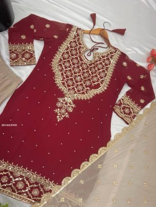 Beautiful Maroon Sharara Suit With Sequence Work