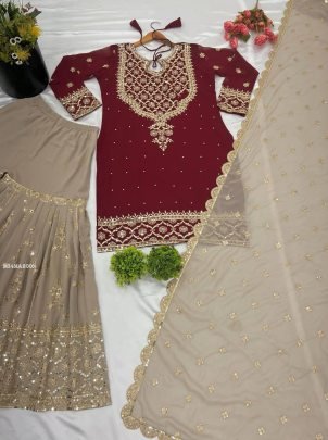 Beautiful Maroon Sharara Suit With Sequence Work