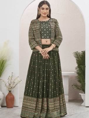 Beautiful Mehendi Green Georgette Lehenga with Shrug Jacket