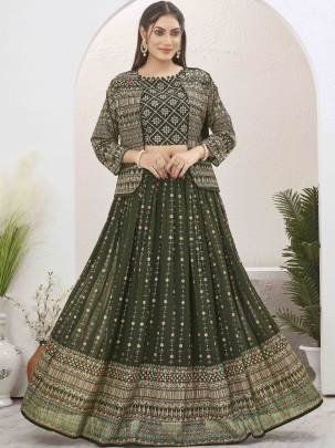Beautiful Mehendi Green Georgette Lehenga with Shrug Jacket