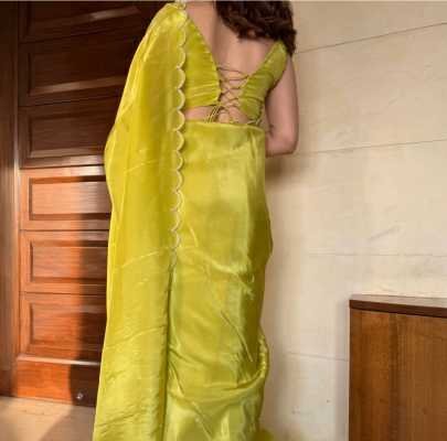 Beautiful Muga Silk Saree With Pearl Hand Work Border