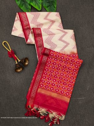 Beautiful Off white And Red Soft Tussar Silk Sarees With ZigZag Pattern with Weaving Border