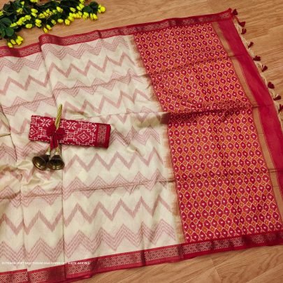 Beautiful Off white And Red Soft Tussar Silk Sarees With ZigZag Pattern with Weaving Border