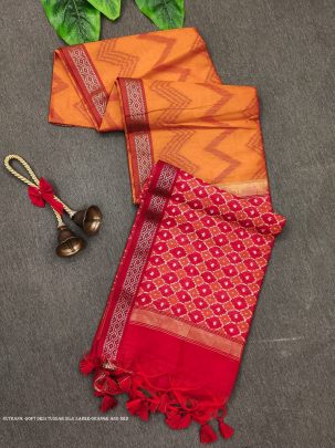 Beautiful Orange and Red Soft Tussar Silk Sarees With ZigZag Pattern with Weaving Border