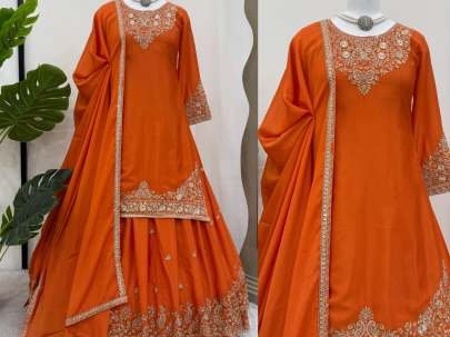 Beautiful Orange Short Kurti And Silk Lehenga With Sequence Work