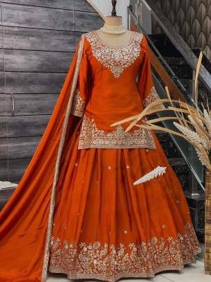 Beautiful Orange Short Kurti And Silk Lehenga With Sequence Work