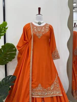 Beautiful Orange Short Kurti And Silk Lehenga With Sequence Work