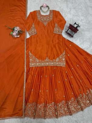 Beautiful Orange Short Kurti And Silk Lehenga With Sequence Work