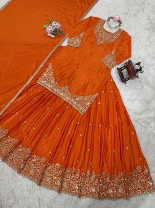 Beautiful Orange Short Kurti And Silk Lehenga With Sequence Work