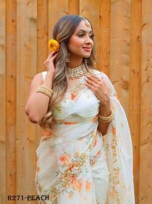 Beautiful Peach Handcrafted Work Organza Saree With
