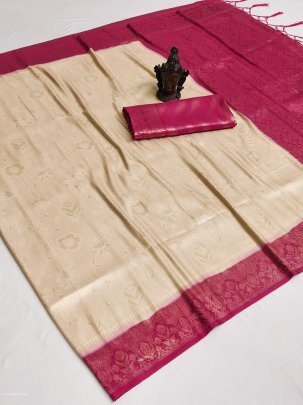 Beautiful Pink And Cream Soft Kanjivaram Silk Saree