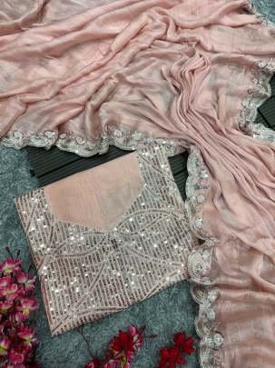 Beautiful Pink Soft Chiffon Designer Saree With  Embroidery Work