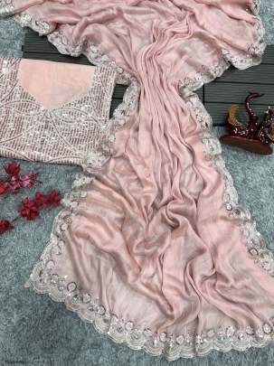 Beautiful Pink Soft Chiffon Designer Saree With  Embroidery Work