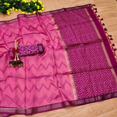 Beautiful Pink Soft Tussar Silk Sarees With ZigZag Pattern with Weaving Border