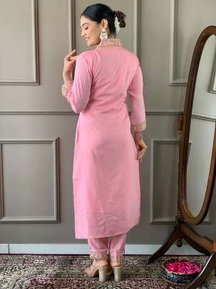 Beautiful Pink V Neck Viscose Silk Kurti Pant Dupatta Pair