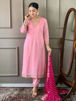 Beautiful Pink V Neck Viscose Silk Kurti Pant Dupatta Pair