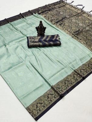 Beautiful Pista And Black Soft Kanjivaram Silk Saree