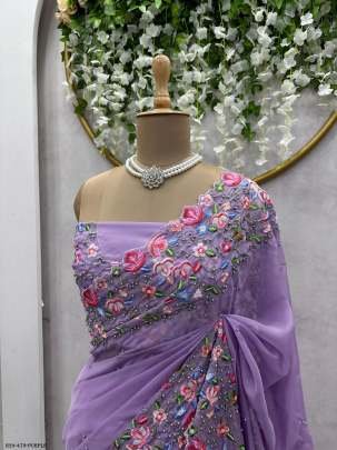 Beautiful Purple Designer Pearl Work Tibby Silk Saree
