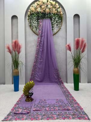 Beautiful Purple Designer Pearl Work Tibby Silk Saree