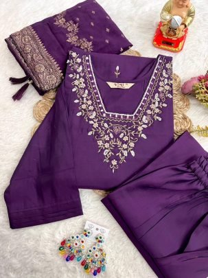 Beautiful Purple Viscose Three Piece Set With  Hand Work 