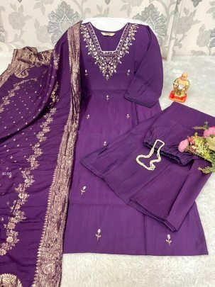 Beautiful Purple Viscose Three Piece Set With  Hand Work