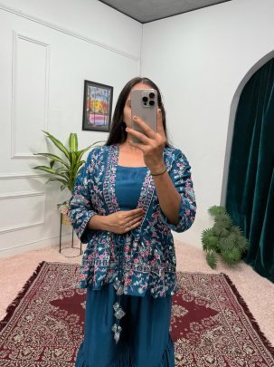 Beautiful  Rama  Three Piece Set With Embroidery Work