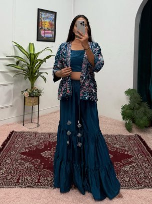 Beautiful  Rama  Three Piece Set With Embroidery Work