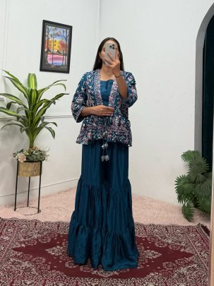 Beautiful  Rama  Three Piece Set With Embroidery Work