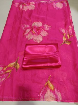 Beautiful Rani Pink Floral Printed Organza Saree