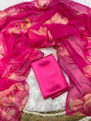 Beautiful Rani Pink Floral Printed Organza Saree
