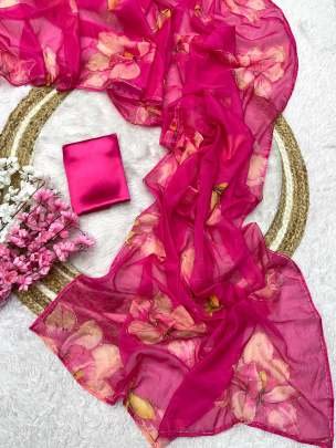 Beautiful Rani Pink Floral Printed Organza Saree