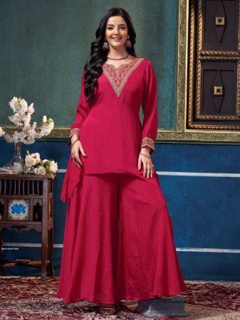 Beautiful Rani Pink Soft Chinon Flowy Palazzo Style Cord Set