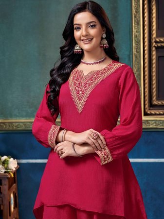 Beautiful Rani Pink Soft Chinon Flowy Palazzo Style Cord Set