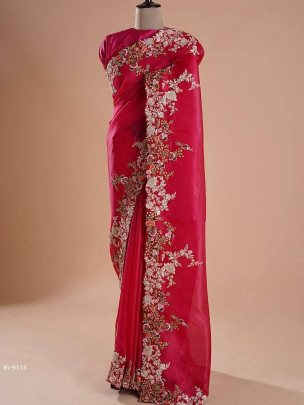 beautiful Red Chinon Silk Embroidered Designer Saree Collection 