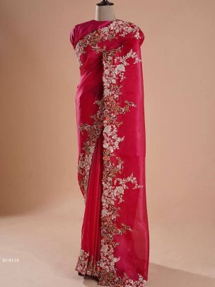 beautiful Red Chinon Silk Embroidered Designer Saree Collection