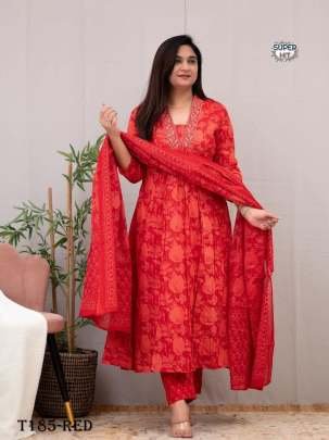 Beautiful Red Pure Cotton Kurti Pant Dupatta Set