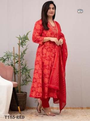 Beautiful Red Pure Cotton Kurti Pant Dupatta Set