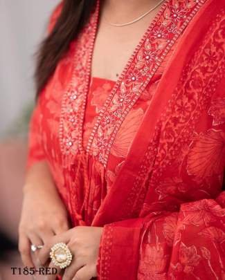 Beautiful Red Pure Cotton Kurti Pant Dupatta Set
