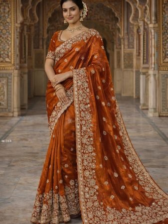 Beautiful Rust Orange Space Silk Hand Work Saree