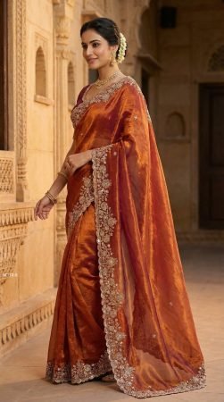 Beautiful Rust Orange Space Silk Hand Work Saree