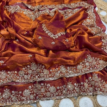 Beautiful Rust Orange Space Silk Hand Work Saree